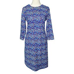 J. McGlaughlin Blue & White Geometric Sheath Dress | 3/4 Sleeve | Knee Length